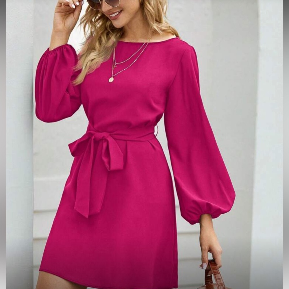 Hot pink  lantern long sleeve mini dress Minimalist Work